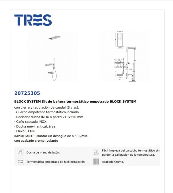 Kit de bañera termoestático empotrado TRES T.Tresmos. 207.253.05 CR - BigMat Roca La Marina